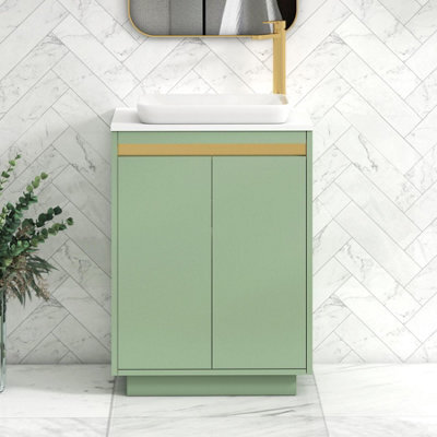 Royal Bathrooms Orion 600mm Mint Sage Floor Standing Plain White Countertop Vanity Unit 2 Door With Qubix Basin & Brushed Brass Accent Trim - image 1