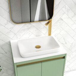 Royal Bathrooms Orion 600mm Mint Sage Floor Standing Plain White Countertop Vanity Unit 2 Door With Qubix Basin & Brushed Brass Accent Trim - thumbnail 5