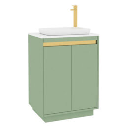 Royal Bathrooms Orion 600mm Mint Sage Floor Standing Plain White Countertop Vanity Unit 2 Door With Qubix Basin & Brushed Brass Accent Trim - thumbnail 6