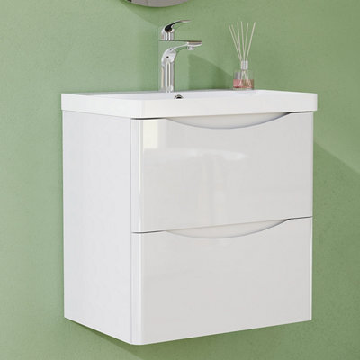AVER-GROWTH 500mm Vanity Unit With Basin Gloss White Resin Sink Bathroom Wall Mounted Storage Cabinet Soft Close Hinges 2 Drawers Wall Hung - image 1