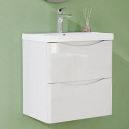 AVER-GROWTH 500mm Vanity Unit With Basin Gloss White Resin Sink Bathroom Wall Mounted Storage Cabinet Soft Close Hinges 2 Drawers Wall Hung - thumbnail 1