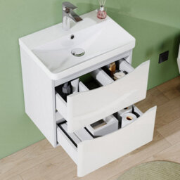 AVER-GROWTH 500mm Vanity Unit With Basin Gloss White Resin Sink Bathroom Wall Mounted Storage Cabinet Soft Close Hinges 2 Drawers Wall Hung - thumbnail 4
