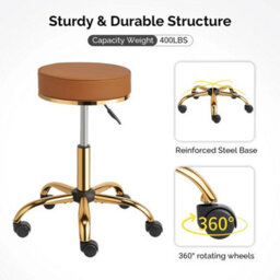 360 Degree Adjustable Swivel Chair With Gold-Plated Five-Star Base, White Salon Stool - thumbnail 5