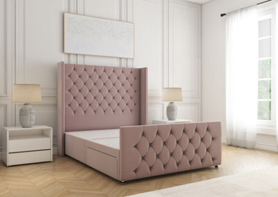 "Bsspoke Divan Base Bed Set Pink Plush Velvet 54Inch Headboard & 20"" Footboard No Drawers No Mattress In Double 3Ft 4Ft 5Ft 6Ft" - image 1