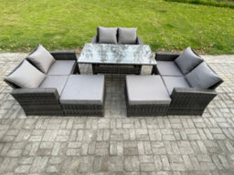 Fimous High Back Outdoor Garden Furniture Rattan Sofa Dining Table Set With 2 Big Footstool Dark Grey Mixed - thumbnail 1