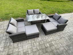 Fimous High Back Outdoor Garden Furniture Rattan Sofa Dining Table Set With 2 Big Footstool Dark Grey Mixed - thumbnail 2