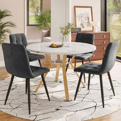 Abrihome Modern 5-Pc Round Marble Dining Set W/ Gold Metal Legs & 4 Gray Velvet Chairs - image 1