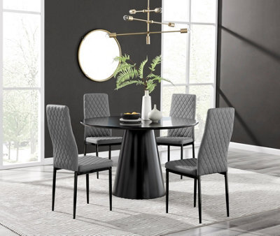 Furniturebox Uk Palma Black Semi Gloss Round Pedestal Dining Table & 4 Grey Faux Leather Milan Black Leg Chairs - image 1