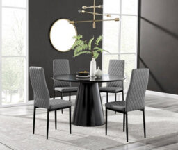 Furniturebox Uk Palma Black Semi Gloss Round Pedestal Dining Table & 4 Grey Faux Leather Milan Black Leg Chairs