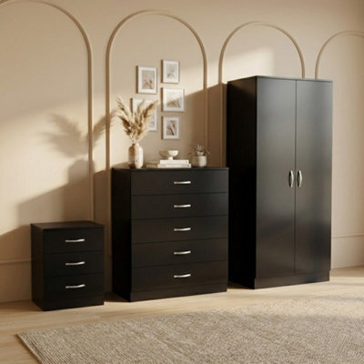 Lassic Vida Designs Riano 3 Piece Bedroom Set (3 Drawer Bedside Chest, 5 Drawer Chest, 2 Door Wardrobe) Black - image 1