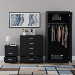 Lassic Vida Designs Riano 3 Piece Bedroom Set (3 Drawer Bedside Chest, 5 Drawer Chest, 2 Door Wardrobe) Black - thumbnail 6