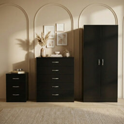 Lassic Vida Designs Riano 3 Piece Bedroom Set (3 Drawer Bedside Chest, 5 Drawer Chest, 2 Door Wardrobe) Black - thumbnail 2