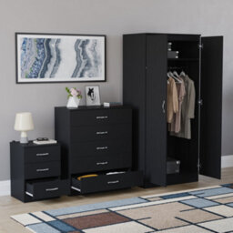 Lassic Vida Designs Riano 3 Piece Bedroom Set (3 Drawer Bedside Chest, 5 Drawer Chest, 2 Door Wardrobe) Black - thumbnail 4