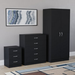 Lassic Vida Designs Riano 3 Piece Bedroom Set (3 Drawer Bedside Chest, 5 Drawer Chest, 2 Door Wardrobe) Black - thumbnail 3