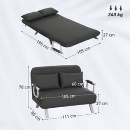 Homcom Fabric Sofa, Convertible 2 Seater Sofa Bed W/ Pillows, Charcoal Grey - thumbnail 3