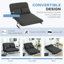 Homcom Fabric Sofa, Convertible 2 Seater Sofa Bed W/ Pillows, Charcoal Grey - thumbnail 4