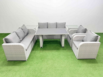 Fimous 8 Seater Wicker Pe Rattan Furniture Outdoor Dining Table 3 Seater Sofa Reclining Chair Set With 2 Side Tables Light Grey - image 1
