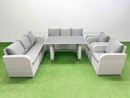 Fimous 8 Seater Wicker Pe Rattan Furniture Outdoor Dining Table 3 Seater Sofa Reclining Chair Set With 2 Side Tables Light Grey - thumbnail 1