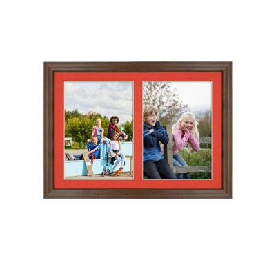 AK Frames 20X14 Walnut Classic Multi Photo Frame With Poppy Red Mount - Holds 2 Apertures (2X) A4 Photos - image 1