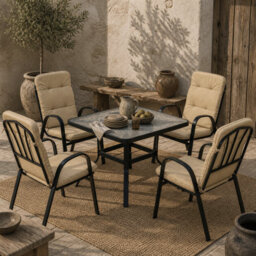 Wyld Haus Sukeco Luve 4-Seater Cream Outdoor Square Garden Dining Set With Tempered Glass And Parasol Hole - thumbnail 1