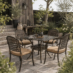 Wyld Haus Monake 4 Seater Bronze Cast Aluminium Outdoor Garden Dining Set - Square Table With 4 Cushioned Chairs - thumbnail 1