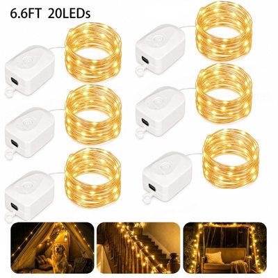 Amorly 6 Pack Fairy Lights Battery Operate,6.6 Ft Rechargeable Lights Modes, Bedroom, Living Room, Yard, Camping & Party Decor Warm White - image 1