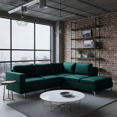 Orlando Velvet Living Room Corner Sofa Metal Legs Freestanding Upholstered Back 2355Cm 212Cm 85Cm Green Right - image 1