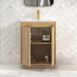 Royal Bathrooms Orion 600mm Natural Oak 2 Door Floor Standing Vanity Unit With Ceramic Basin & Brushed Brass Strip - thumbnail 4