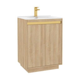 Royal Bathrooms Orion 600mm Natural Oak 2 Door Floor Standing Vanity Unit With Ceramic Basin & Brushed Brass Strip - thumbnail 8