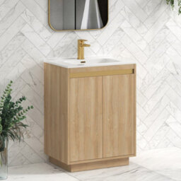 Royal Bathrooms Orion 600mm Natural Oak 2 Door Floor Standing Vanity Unit With Ceramic Basin & Brushed Brass Strip - thumbnail 5