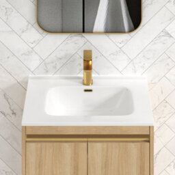 Royal Bathrooms Orion 600mm Natural Oak 2 Door Floor Standing Vanity Unit With Ceramic Basin & Brushed Brass Strip - thumbnail 6