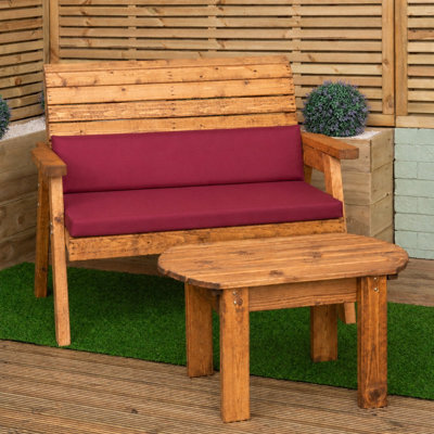 Samuel Alexander 2 Seater Chunky Rustic Wooden Garden Furniture Bench With Coffee Table & Burgundy Cushions - image 1