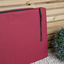 Samuel Alexander 2 Seater Chunky Rustic Wooden Garden Furniture Bench With Coffee Table & Burgundy Cushions - thumbnail 9