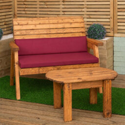 Samuel Alexander 2 Seater Chunky Rustic Wooden Garden Furniture Bench With Coffee Table & Burgundy Cushions - thumbnail 1