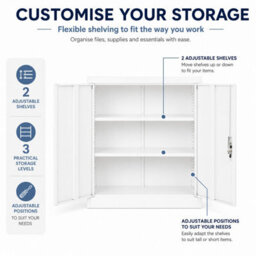 MMT Funiture Designs White Stainless Steel Filing Cabinet With 1 Shelf - 2 Door Lockable Metal Office Storage Cupboard Organiser 80Cm - thumbnail 7