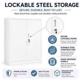 MMT Funiture Designs White Stainless Steel Filing Cabinet With 1 Shelf - 2 Door Lockable Metal Office Storage Cupboard Organiser 80Cm - thumbnail 8