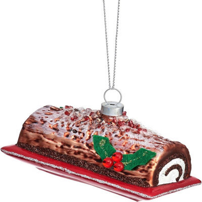 Sass & Belle Christmas Glass Chocolate Log Tree Decoration - Medium Gloss Brown Novelty Ornament With Twine Hanger