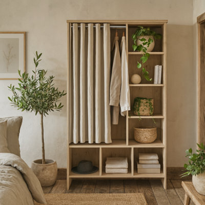 Wyld Haus Uppsala Open Wardrobe Unit, Jackson Hickory Oak With Beige Textile Curtain - image 1