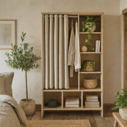 Wyld Haus Uppsala Open Wardrobe Unit, Jackson Hickory Oak With Beige Textile Curtain - thumbnail 1