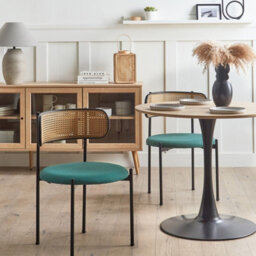 Wyld And Coco Novanest 2 - Set Of 2 Accent Dining Chairs, Viennese Braid Backrest, Green Fabric, Black Lacquered Frame - thumbnail 2
