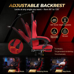 Luckracer Fabric Gaming Chair With Footrest Ergonomic Computer Chair Home Office High Back Heavy Duty Pc Chairs, Red - thumbnail 6