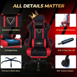 Luckracer Fabric Gaming Chair With Footrest Ergonomic Computer Chair Home Office High Back Heavy Duty Pc Chairs, Red - thumbnail 8
