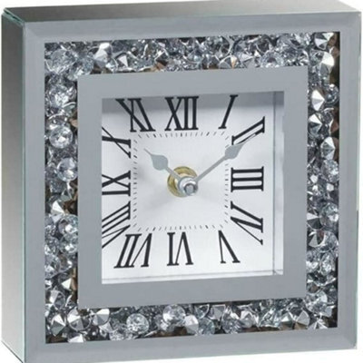 Biznest 15X15Cm Small Square Table Clock Crushed Diamante Desk Clock Elegant Diamond Crystal Mirror