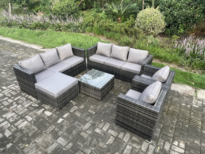 Fimous Outdoor Rattan Garden Furniture Set 9 Seater Patio Lounge Sofa Set With Armchair Square Coffee Table Dark Grey Mixed - image 1