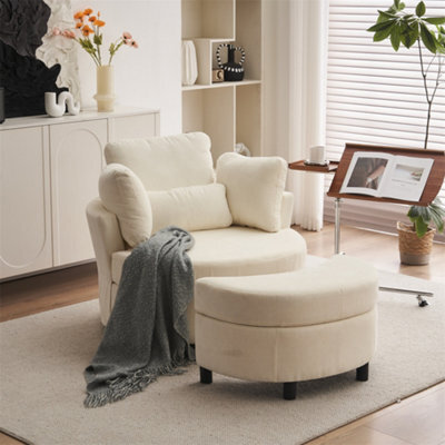 Abrihome Chenille Swivel Armchair With 3 Back Cushion Pillow Ottoman Crescent Stool, Ivory  - image 1