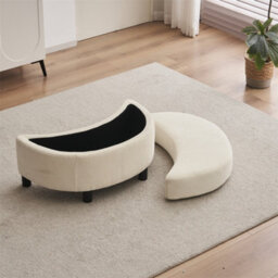 Abrihome Chenille Swivel Armchair With 3 Back Cushion Pillow Ottoman Crescent Stool, Ivory  - thumbnail 5