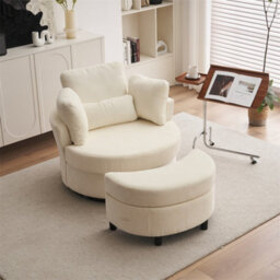 Abrihome Chenille Swivel Armchair With 3 Back Cushion Pillow Ottoman Crescent Stool, Ivory  - thumbnail 4