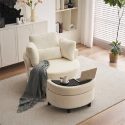 Abrihome Chenille Swivel Armchair With 3 Back Cushion Pillow Ottoman Crescent Stool, Ivory  - thumbnail 7