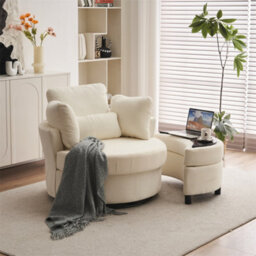 Abrihome Chenille Swivel Armchair With 3 Back Cushion Pillow Ottoman Crescent Stool, Ivory  - thumbnail 3