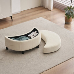 Abrihome Chenille Swivel Armchair With 3 Back Cushion Pillow Ottoman Crescent Stool, Ivory  - thumbnail 2
